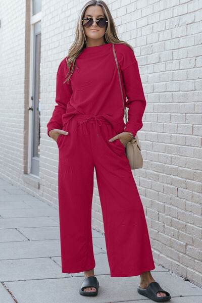 Double Take Full Size Textured Long Sleeve Top and Drawstring Pants Set Hot Pink for a perfect OOTD – dress to impress outfits from Amexza