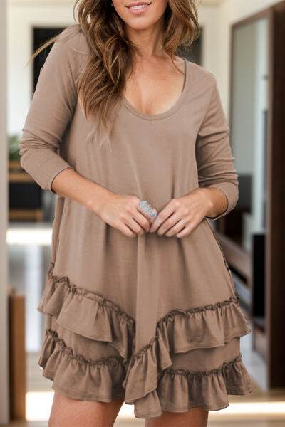 Ruffled Scoop Neck Three-Quarter Sleeve Mini Dress Mocha for a perfect OOTD – dress to impress outfits from Amexza