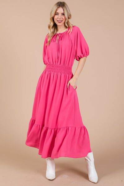 Ces Femme Smocked Elastic Waist Tie Neck Puff Sleeve Dress Hot Pink for a perfect OOTD – dress to impress outfits from Amexza