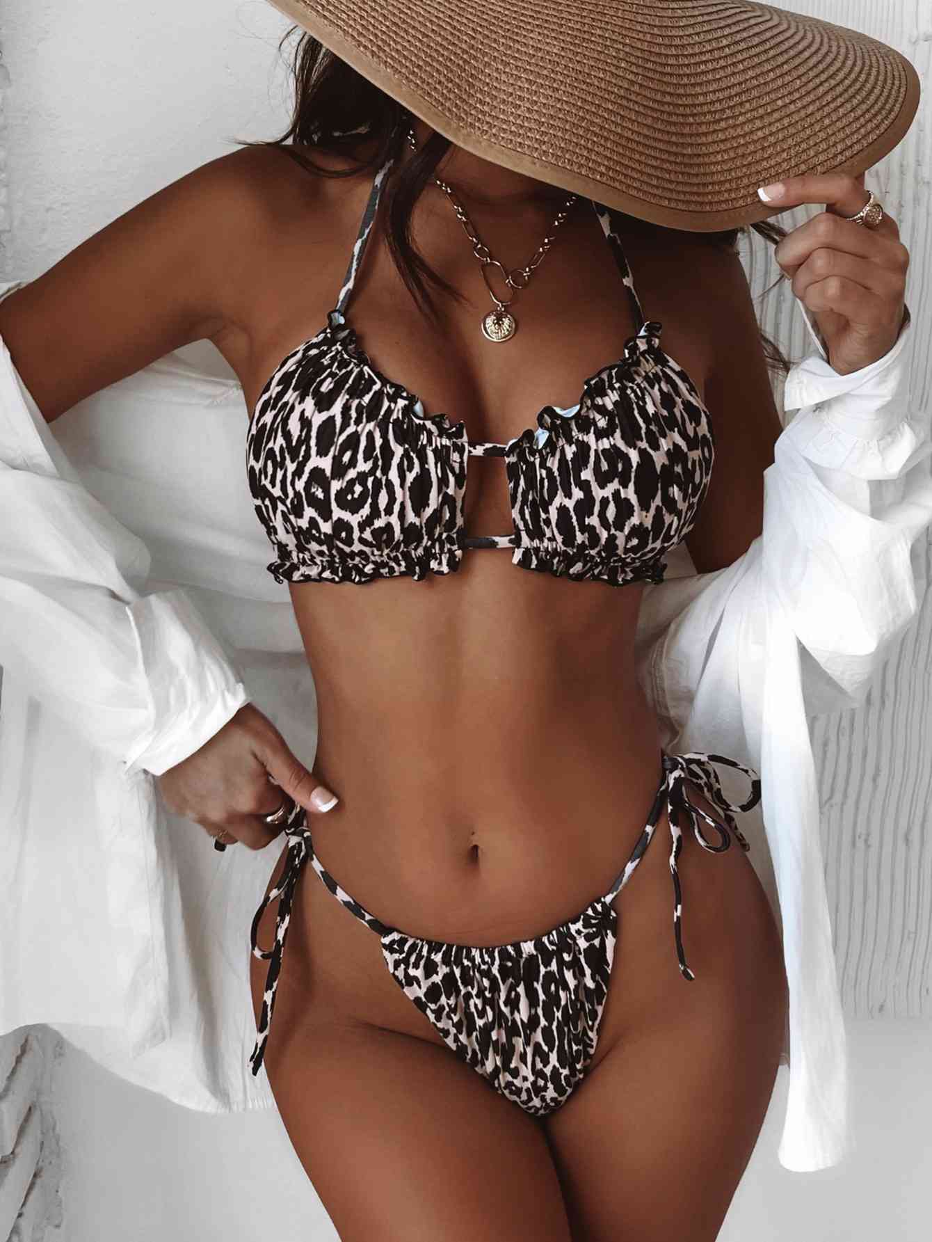 Frill Trill Halter Neck Bikini Set Leopard for a perfect OOTD – dress to impress outfits from Amexza