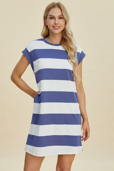 Basic Bae Full Size Striped Round Neck Cap Sleeve Mini Dress Dusty Blue for a perfect OOTD – dress to impress outfits from Amexza