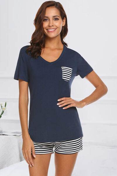 Striped Short Sleeve Top and Shorts Lounge Set - Amexza