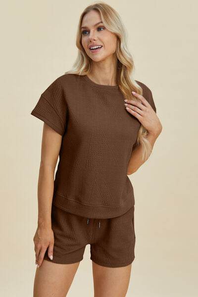 Double Take Full Size Texture Short Sleeve Top and Shorts Set for a perfect OOTD – dress to impress outfits from Amexza