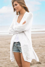 Openwork Side Slit Open Front Long Sleeve Cardigan - Amexza