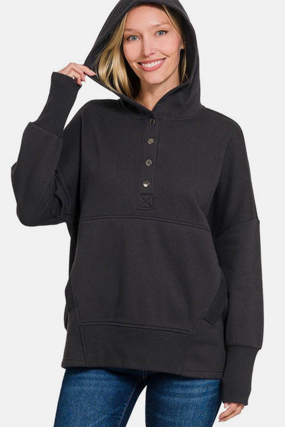 Zenana Half Snap Long Sleeve Hoodie with Kangaroo Pocket Black for a perfect OOTD – dress to impress outfits from Amexza