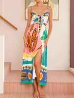 Tied Front Printed Slit Maxi Cami Dress