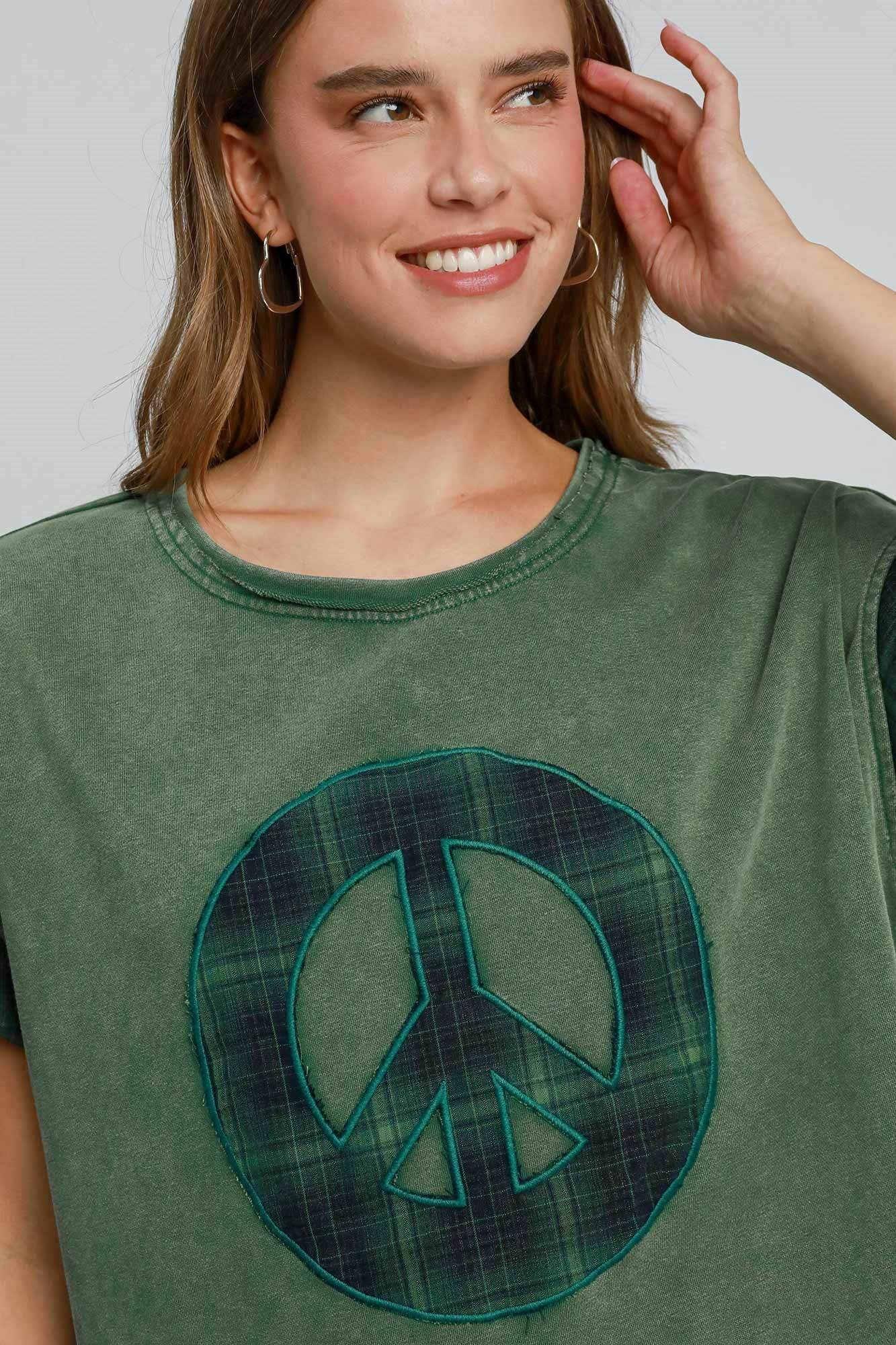 Umgee Peace Applique Round Neck French Terry Top for a perfect OOTD – dress to impress outfits from Amexza