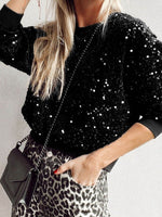 Sequin Round Neck Long Sleeve Blouse - Amexza