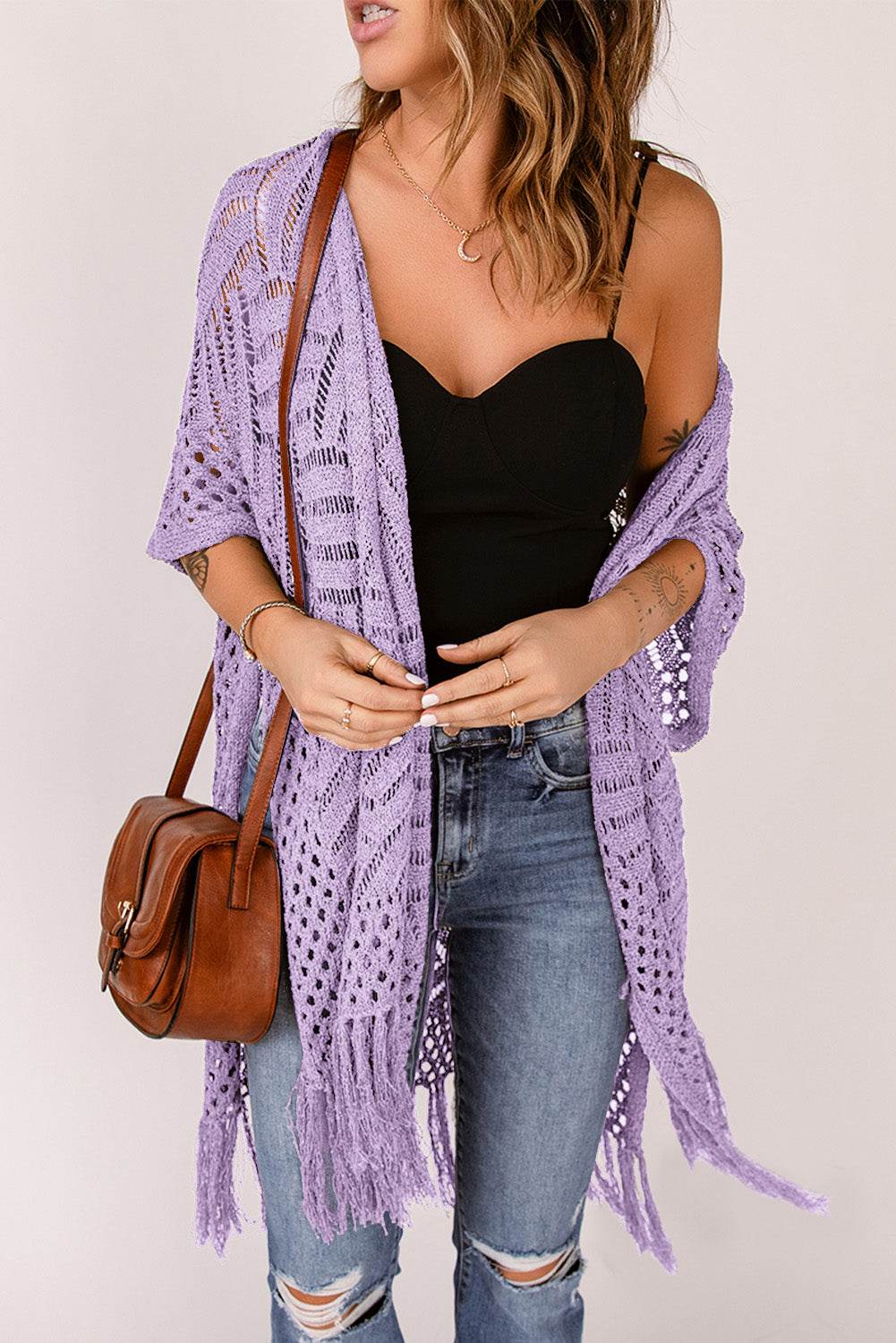 Openwork Open Front Cardigan with Fringes Lavender One Size for a perfect OOTD – dress to impress outfits from Amexza