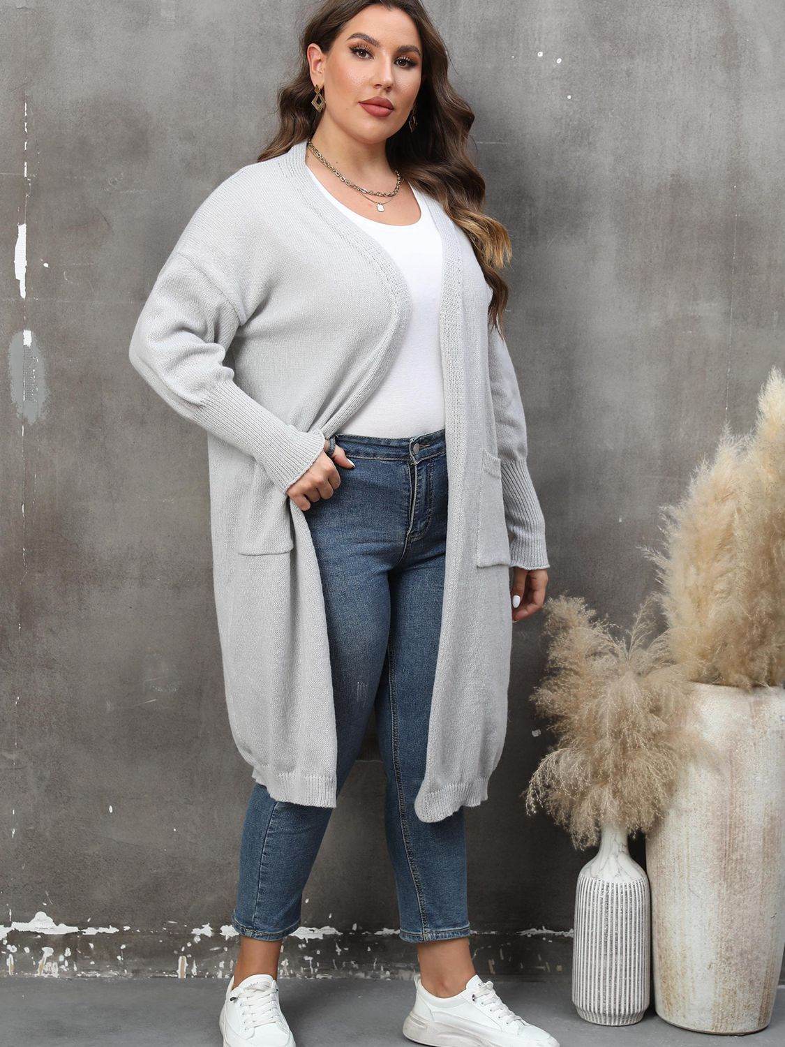 Plus Size Long Sleeve Pocketed Cardigan for a perfect OOTD – dress to impress outfits from Amexza