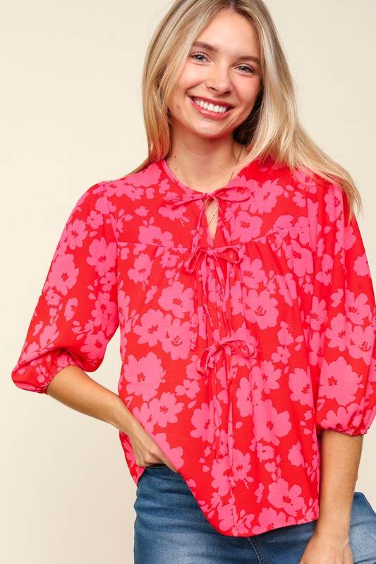 Haptics Full Size Ribbon Bow Floral Balloon Sleeve Blouse for a perfect OOTD – dress to impress outfits from Amexza