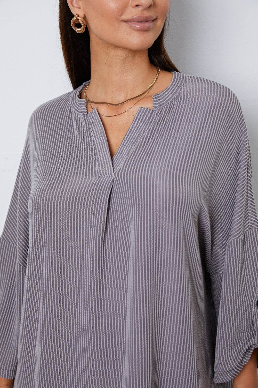 Notched Roll-Tab Sleeve Blouse - Amexza