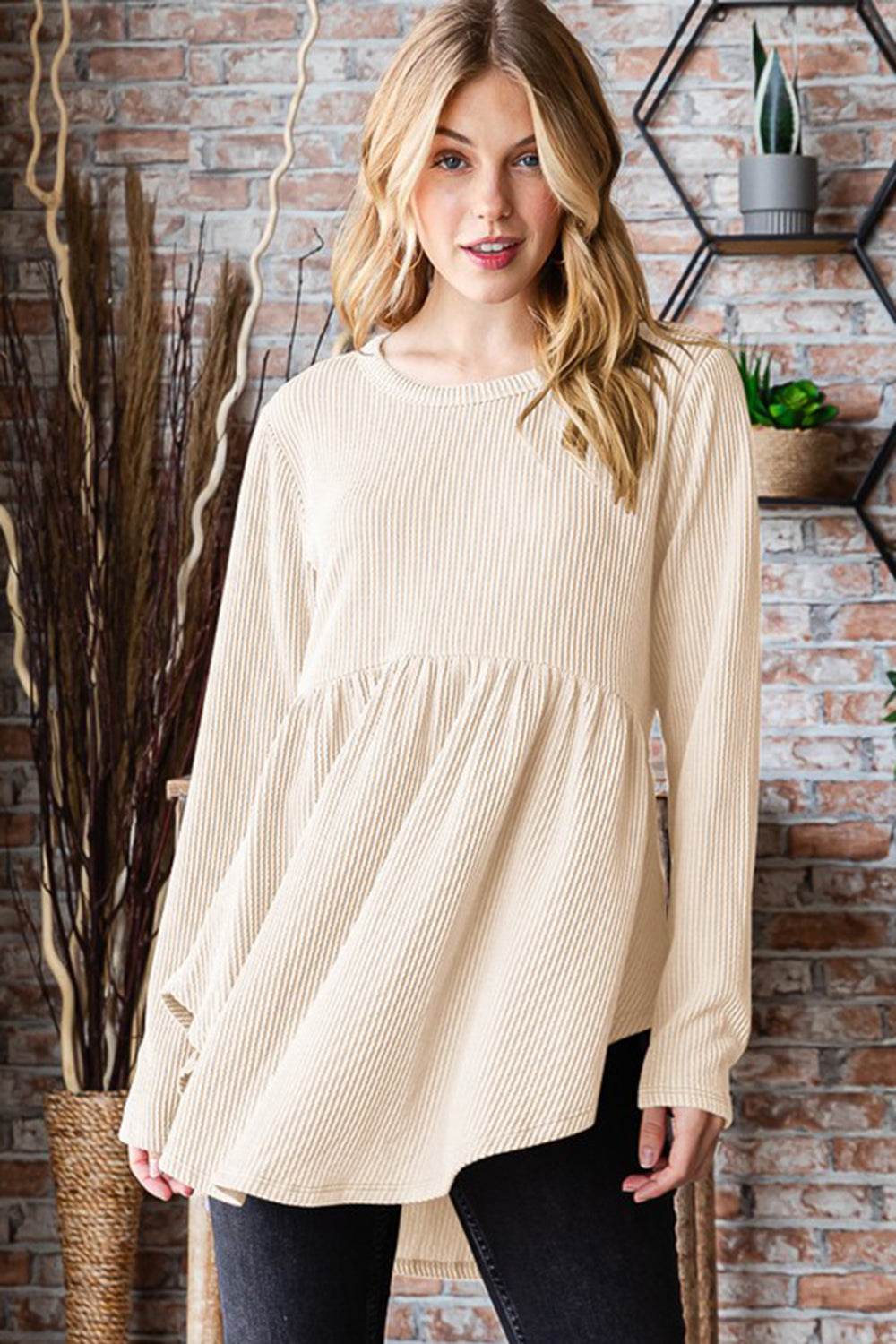 Heimish Full Size Round Neck Long Sleeve Ribbed Babydoll Top Cream for a perfect OOTD – dress to impress outfits from Amexza