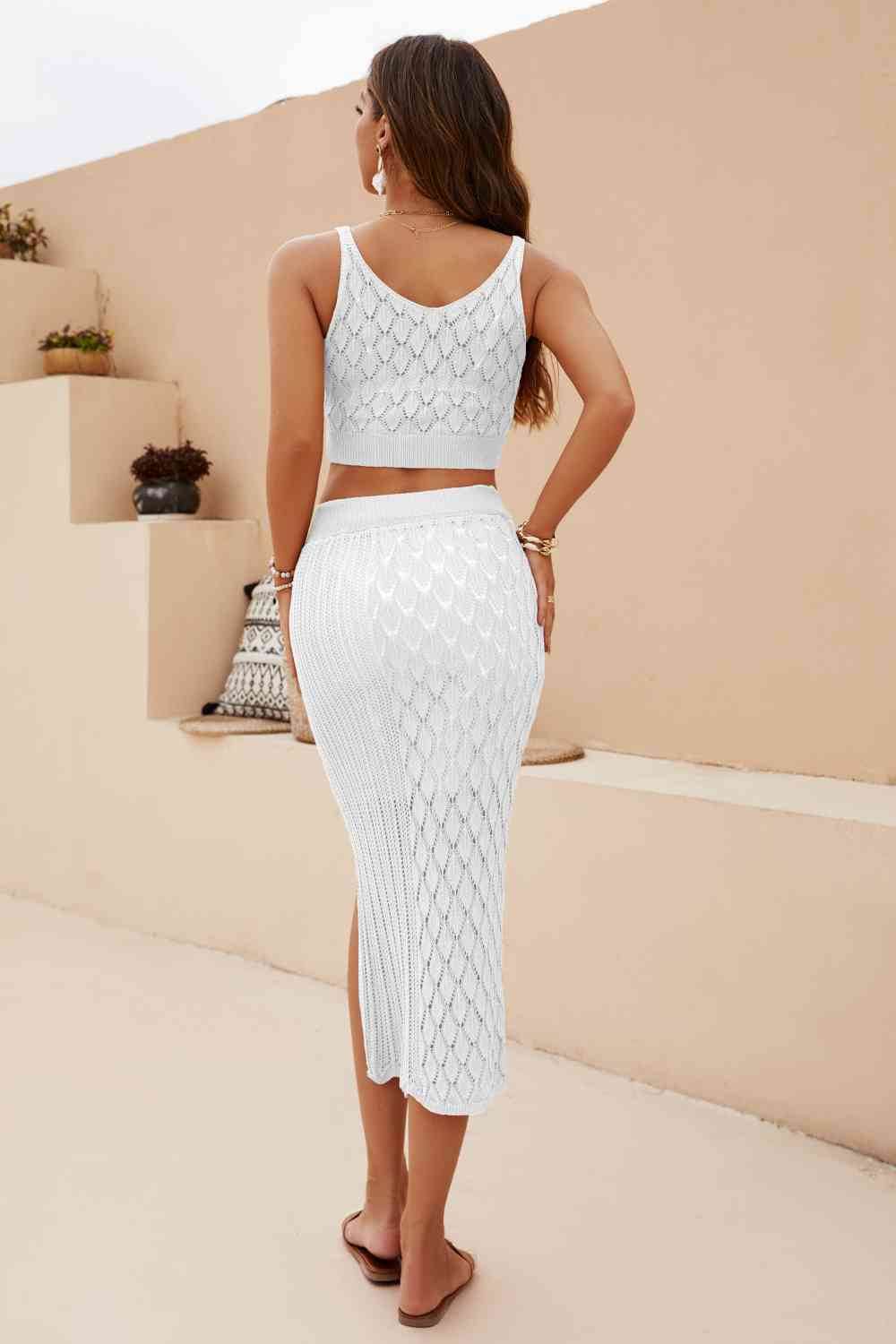 Openwork Cropped Tank and Split Skirt Set - Amexza