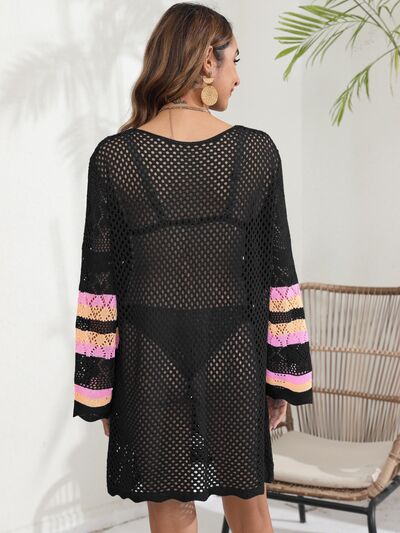 Openwork Contrast Long Sleeve Cover-Up for a perfect OOTD – dress to impress outfits from Amexza