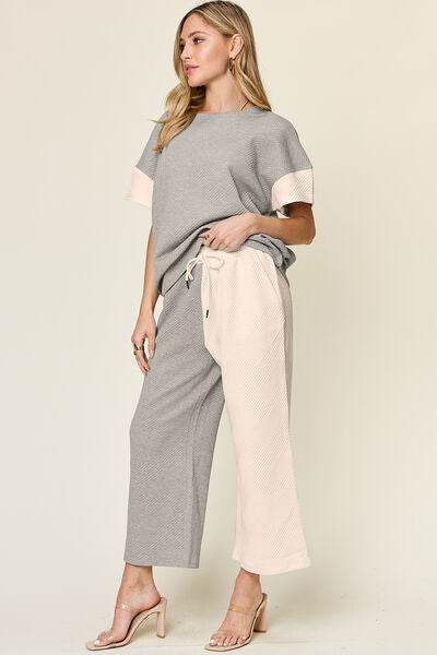 Double Take Full Size Texture Contrast T-Shirt and Wide Leg Pants Set for a perfect OOTD – dress to impress outfits from Amexza