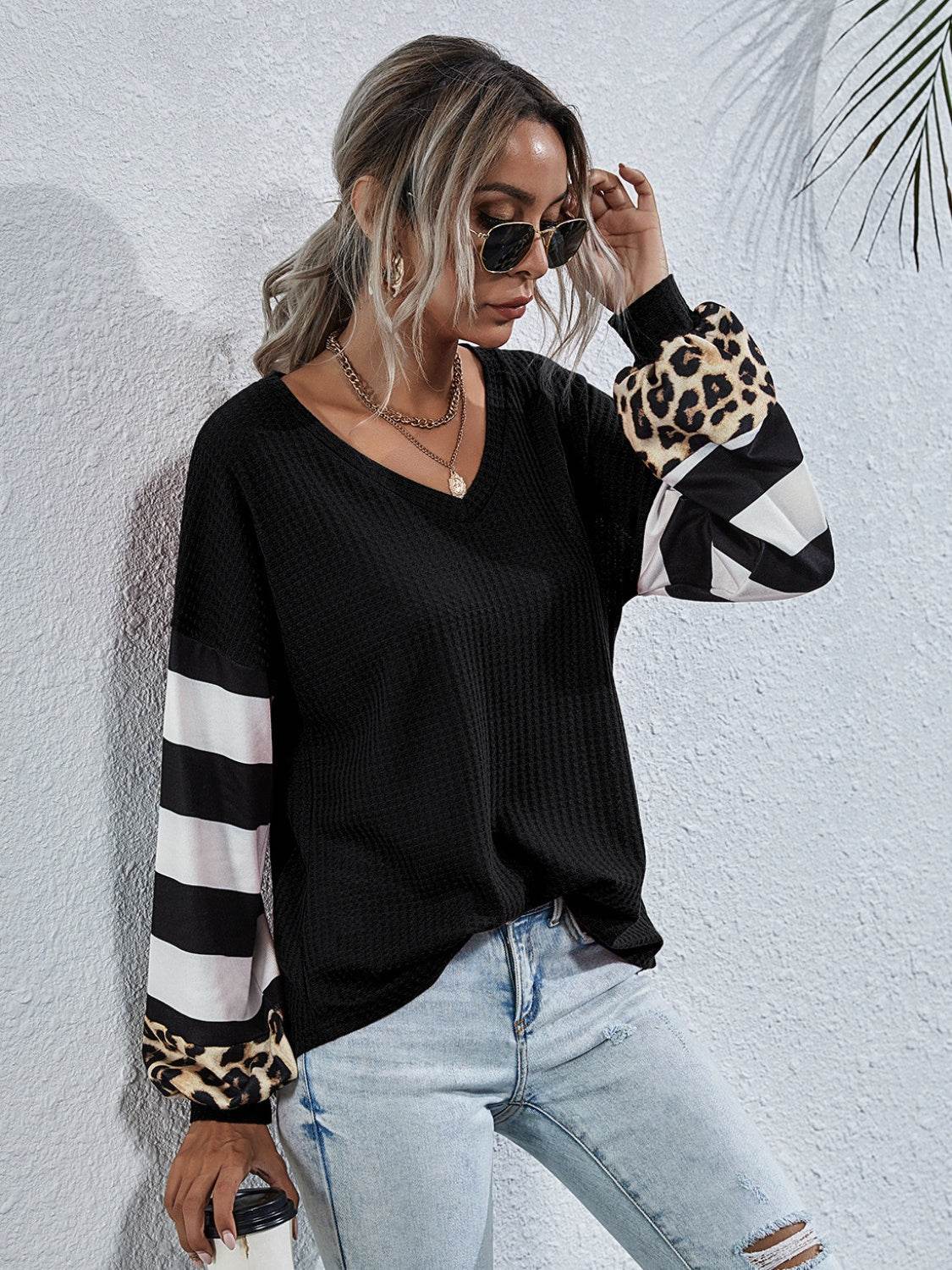 Leopard Striped Waffle-Knit Top - Amexza