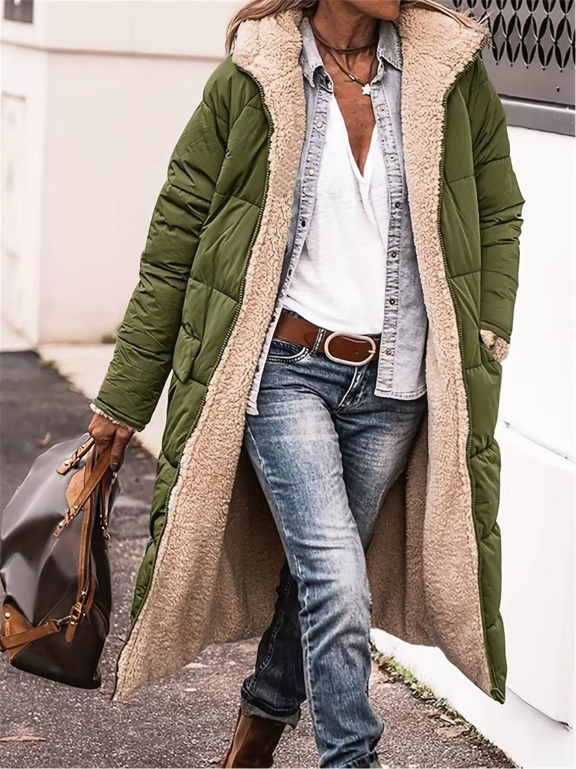 Full Size Zip Up Sherpa Hooded Coat Matcha Green for a perfect OOTD – dress to impress outfits from Amexza