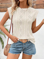Openwork Round Neck Cap Sleeve Top - Amexza