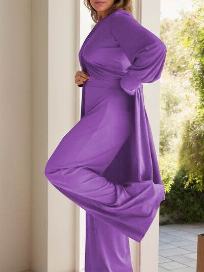 Full Size Slit Round Neck Long Sleeve Top and Pants Set Purple for a perfect OOTD – dress to impress outfits from Amexza