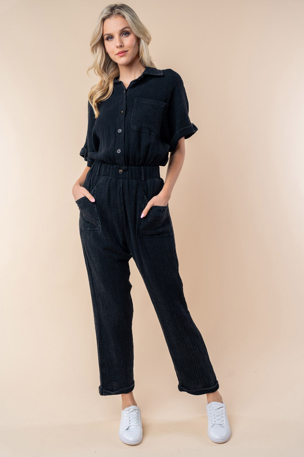 White Birch Texture Short Sleeve Jumpsuit Black for a perfect OOTD – dress to impress outfits from Amexza