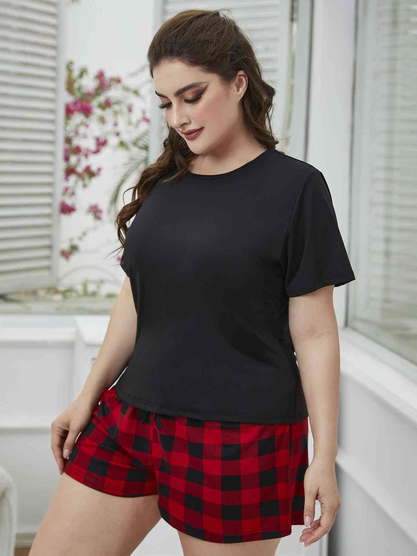 Plus Size Round Neck Tee Shirt and Plaid Shorts Lounge Set for a perfect OOTD – dress to impress outfits from Amexza