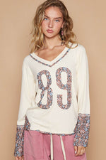 POL V-Neck Long Sleeve Floral Number Patch T-Shirt - Amexza