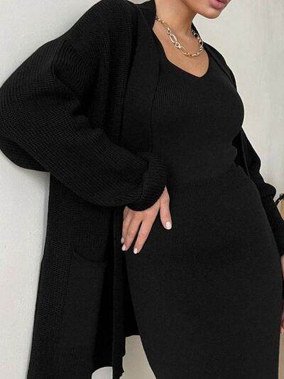 Pocketed Long Sleeve Cardigan and Skirt Sweater Set Black One Size for a perfect OOTD – dress to impress outfits from Amexza
