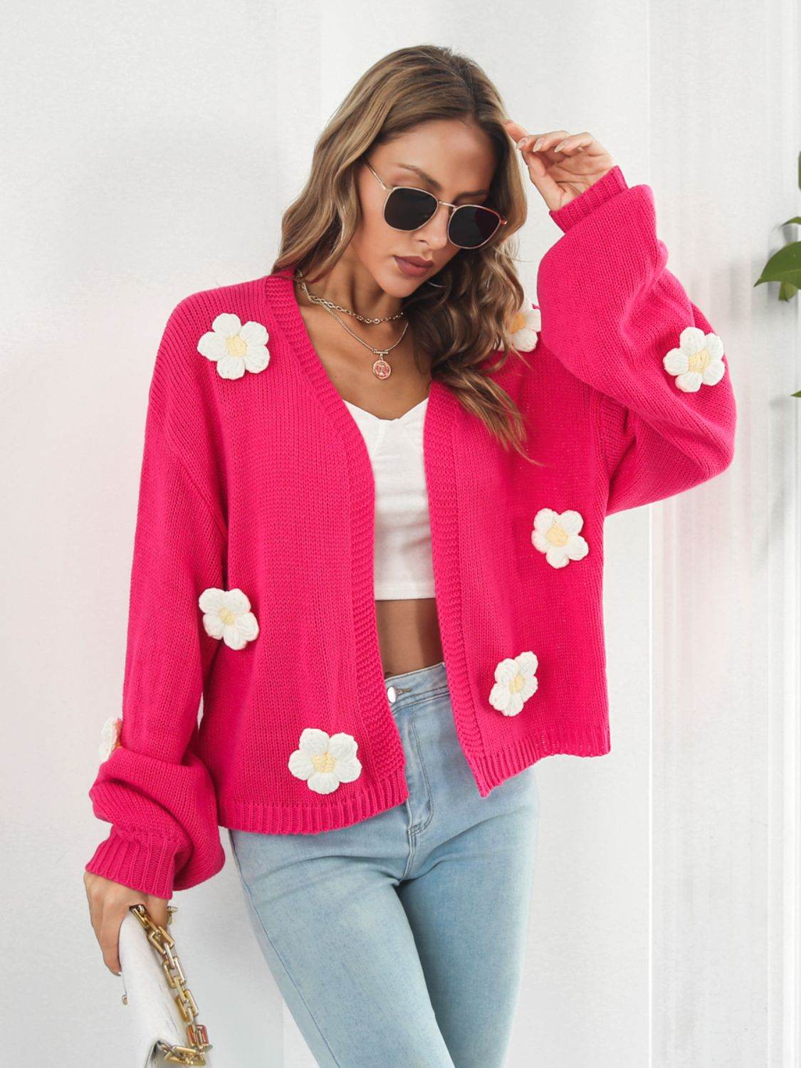 Floral Open Front Long Sleeve Cardigan Hot Pink for a perfect OOTD – dress to impress outfits from Amexza