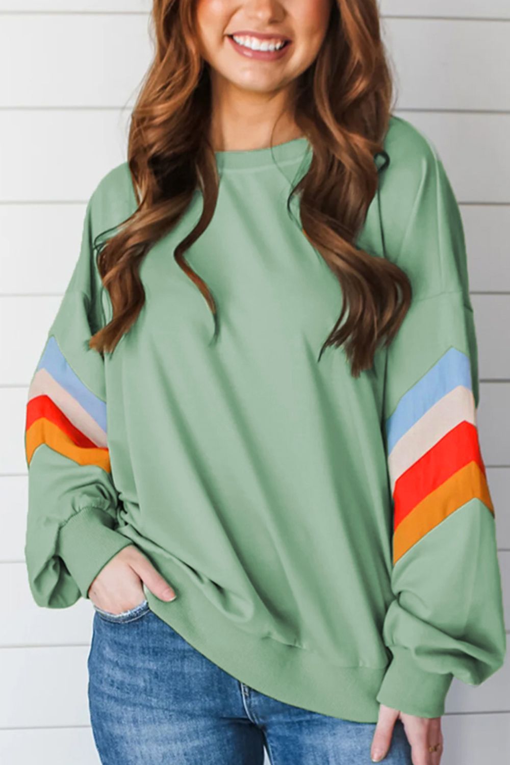 Contrast Round Neck Long Sleeve Sweatshirt Sage for a perfect OOTD – dress to impress outfits from Amexza