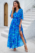 Devine Printed Tied Half Sleeve Slit Dress - Amexza