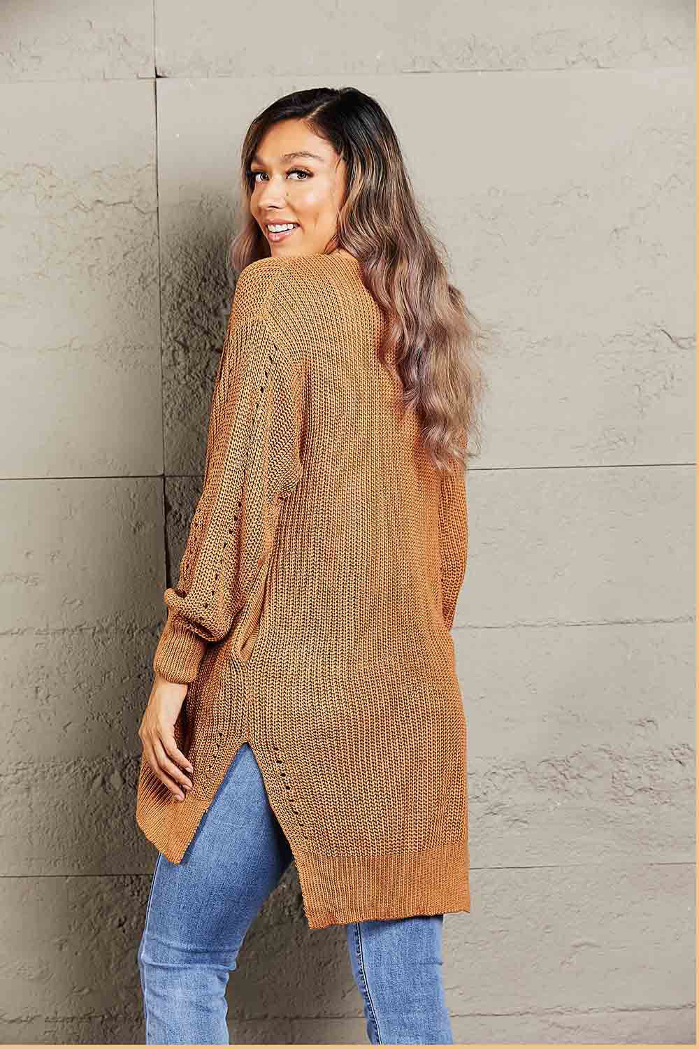 Woven Right Openwork Rib-Knit Slit Cardigan for a perfect OOTD – dress to impress outfits from Amexza