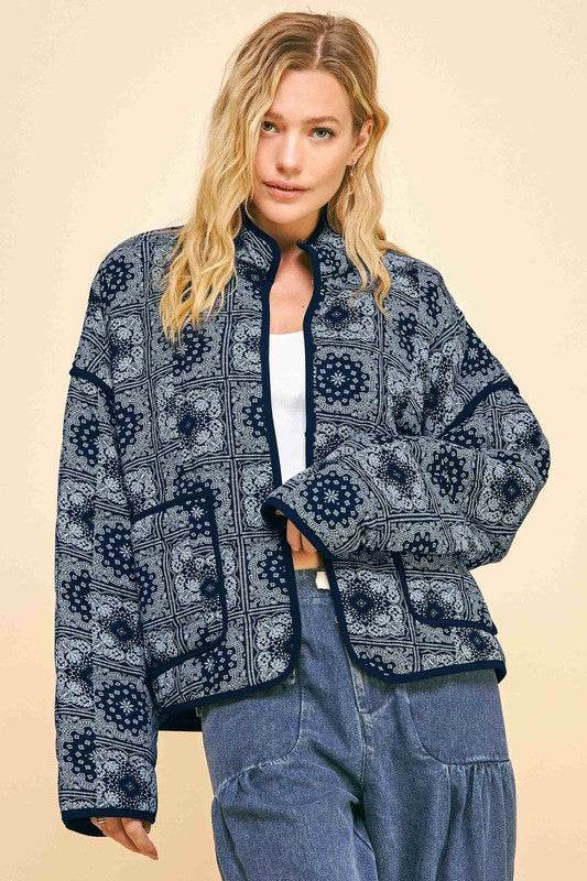 Davi & Dani Vintage Print Open Front Jacket with Pockets Black for a perfect OOTD – dress to impress outfits from Amexza