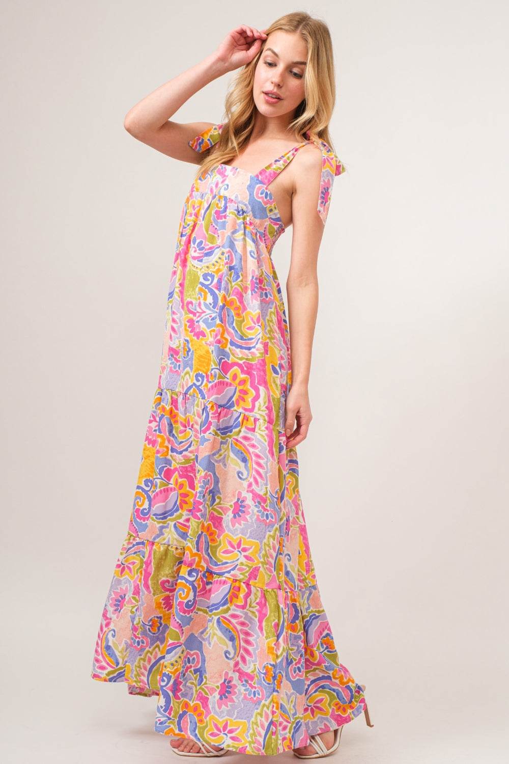 Full Size Printed Tie Shoulder Tiered Maxi Dress - Amexza