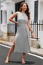 Round Neck Tie Belt Slit Sleeveless Sweater Dress Gray Dawn for a perfect OOTD – dress to impress outfits from Amexza