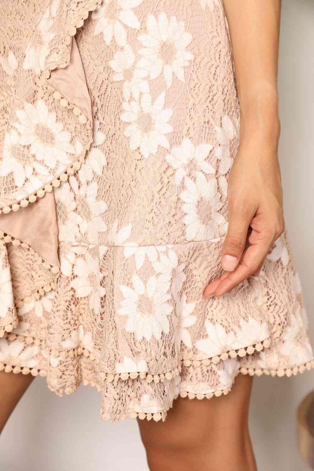 Double Take Floral Lace Pompom Detail Tie-Waist Flutter Sleeve Dress for a perfect OOTD – dress to impress outfits from Amexza