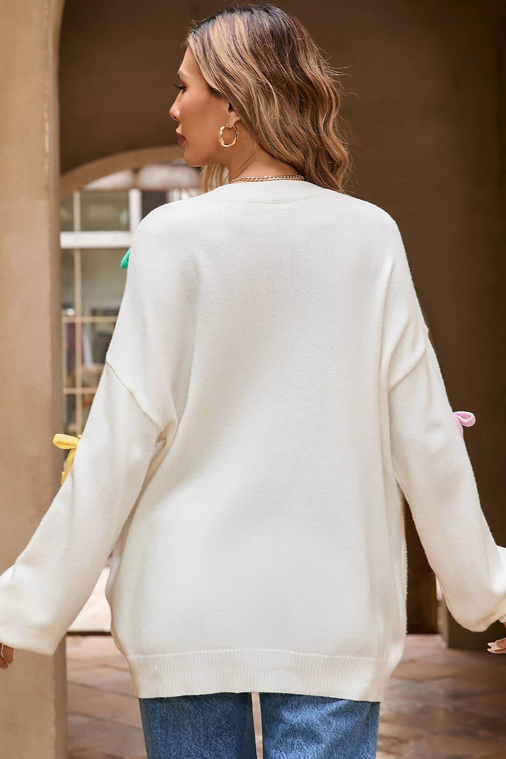 Contrast Bow Round Neck Dropped Shoulder Sweater - Amexza