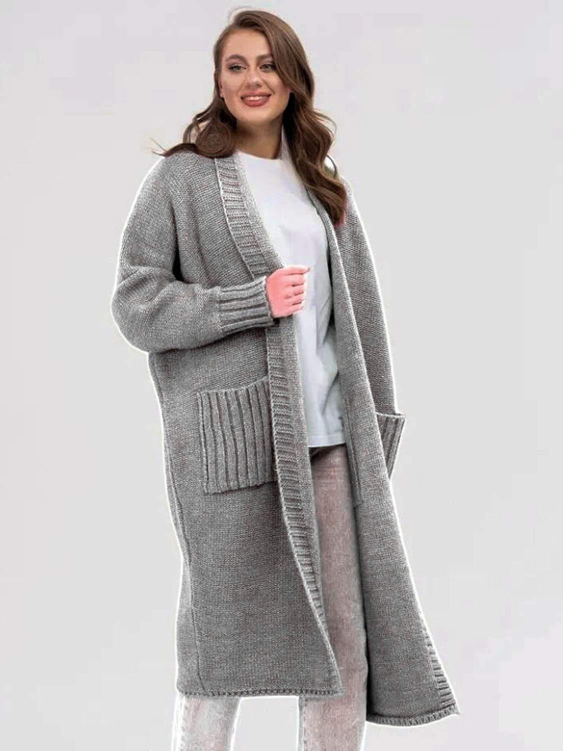 Pocketed Open Front Long Sleeve Longline Cardigan - Amexza