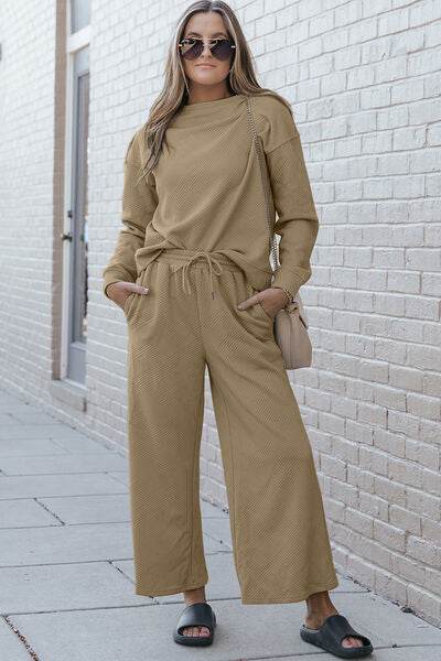 Double Take Full Size Textured Long Sleeve Top and Drawstring Pants Set Khaki for a perfect OOTD – dress to impress outfits from Amexza