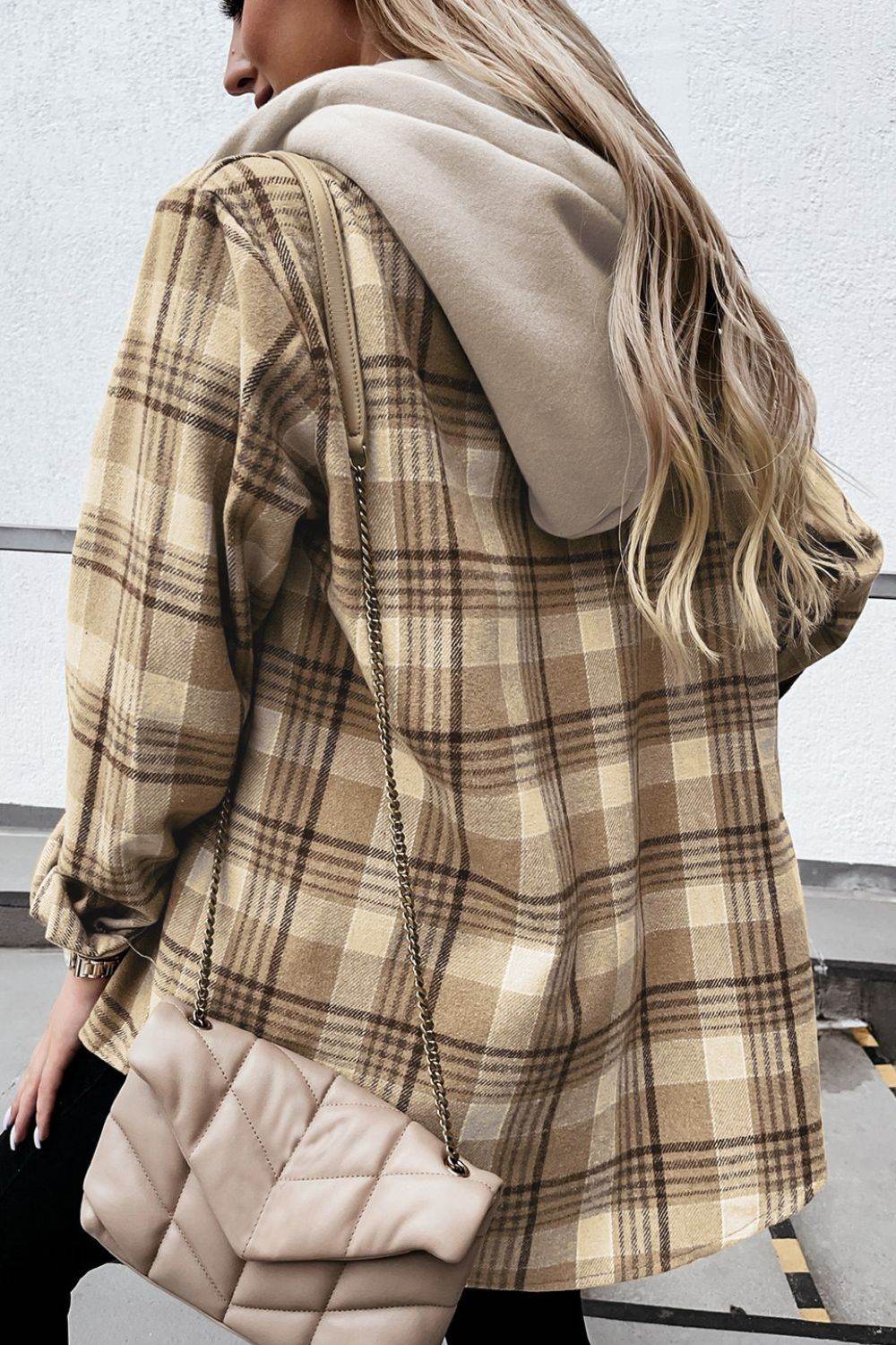 Plaid Button Up Long Sleeve Hooded Jacket for a perfect OOTD – dress to impress outfits from Amexza