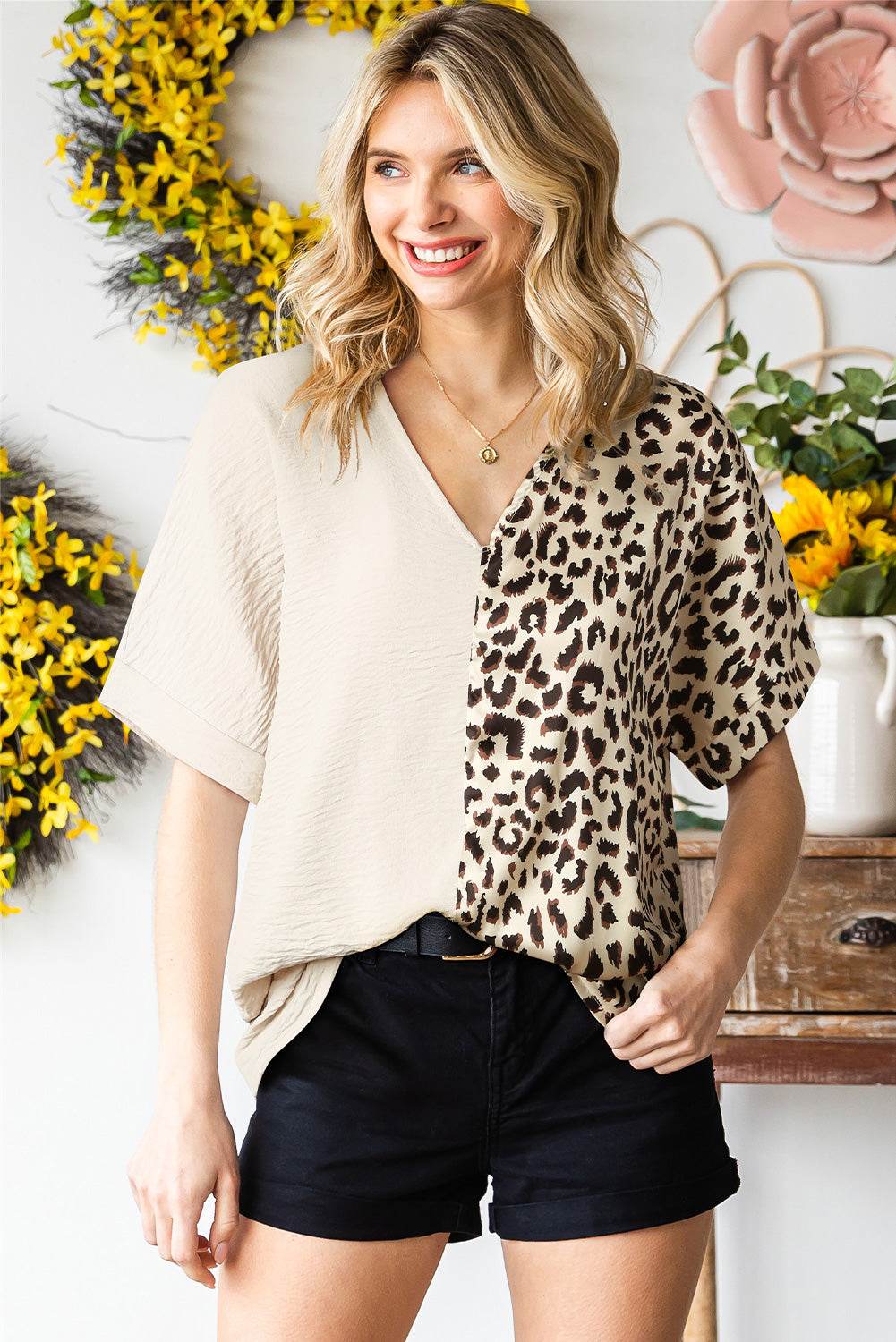 Leopard Color Block V-Neck Blouse - Amexza