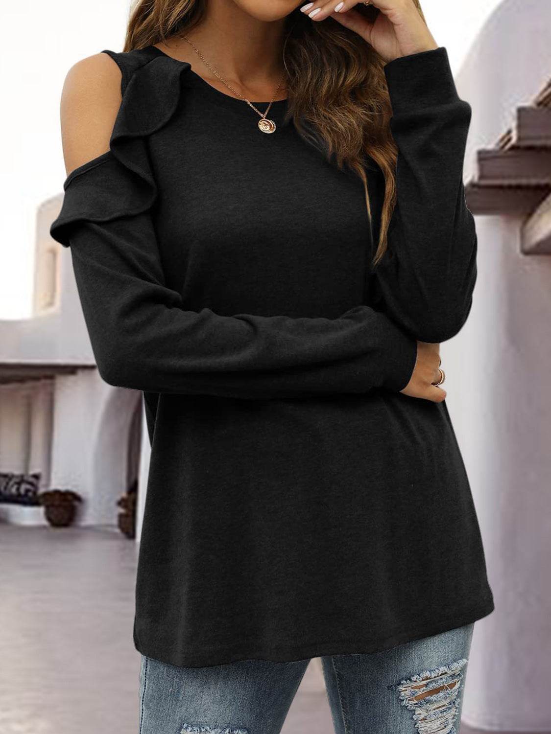 Round Neck Ruffled Cold-Shoulder Blouse for a perfect OOTD – dress to impress outfits from Amexza