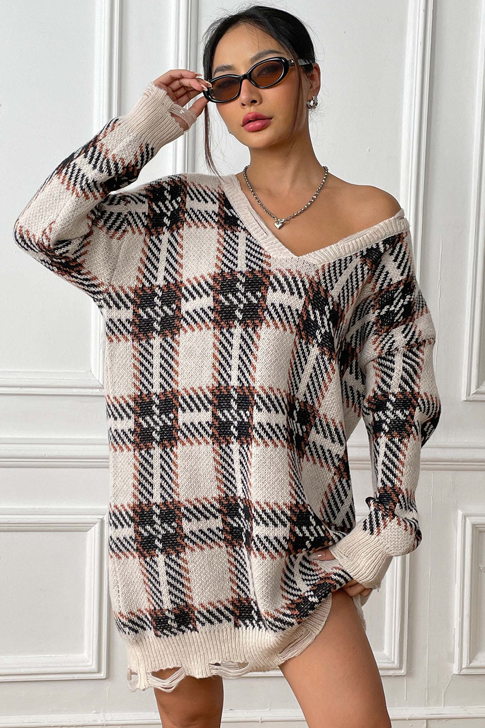 Plaid V-Neck Long Sleeve Sweater Dress