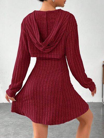 Wide Strap Dress and Long Sleeve Hooded Top Set - Amexza