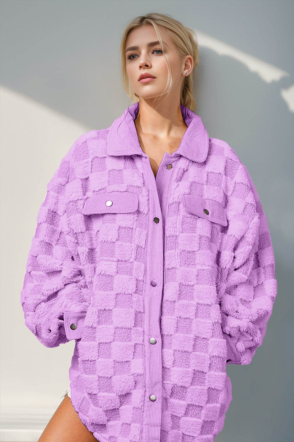 Double Take Button Up Fuzzy Checkered Shacket Lilac for a perfect OOTD – dress to impress outfits from Amexza