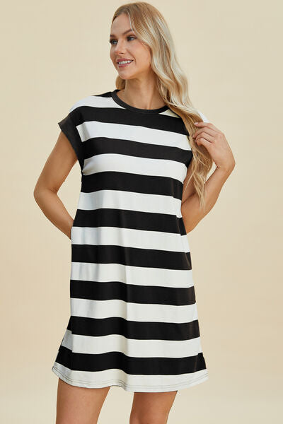 Basic Bae Full Size Striped Round Neck Cap Sleeve Mini Dress for a perfect OOTD – dress to impress outfits from Amexza