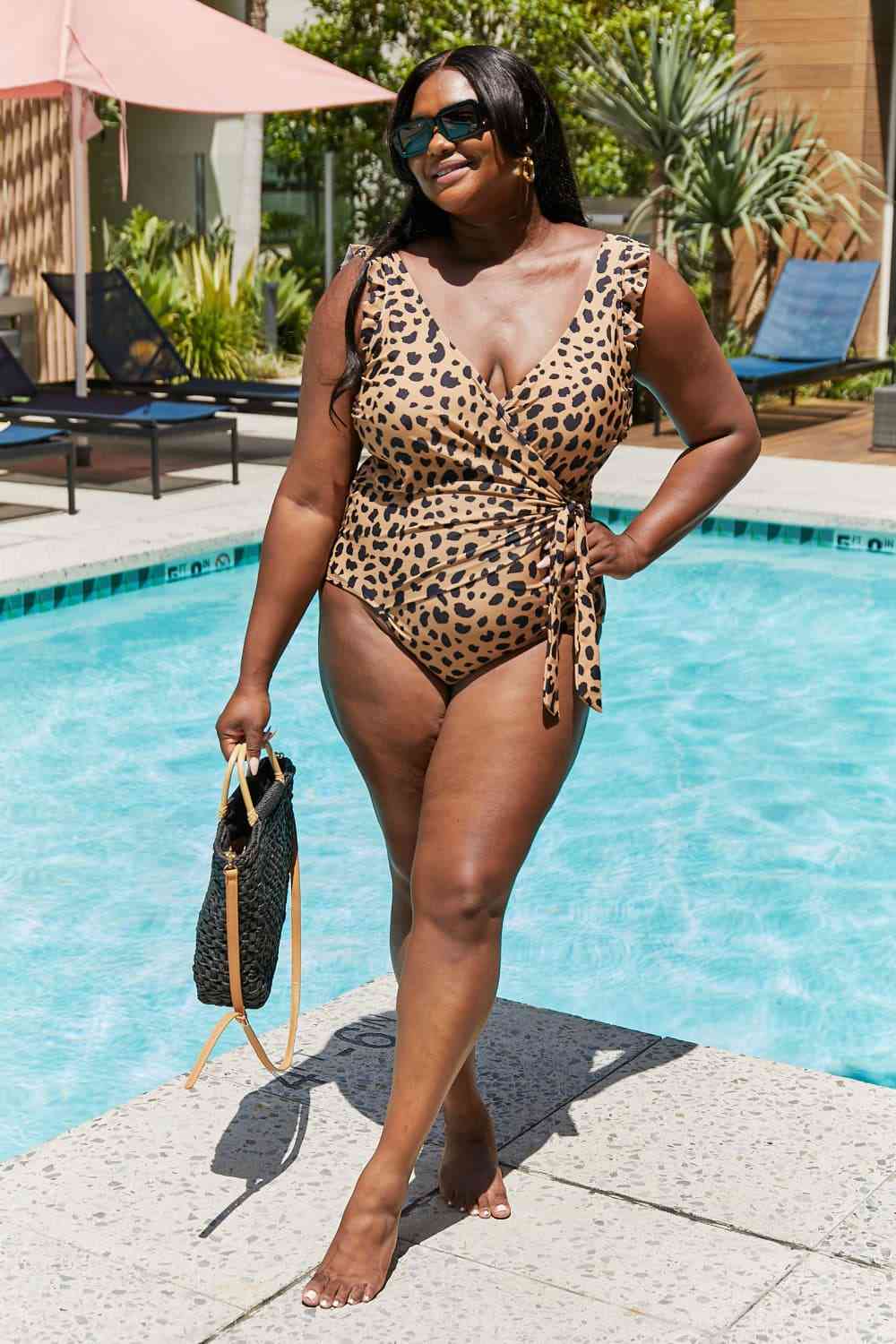 Marina West Swim Full Size Float On Ruffle Faux Wrap One-Piece in Leopard for a perfect OOTD – dress to impress outfits from Amexza