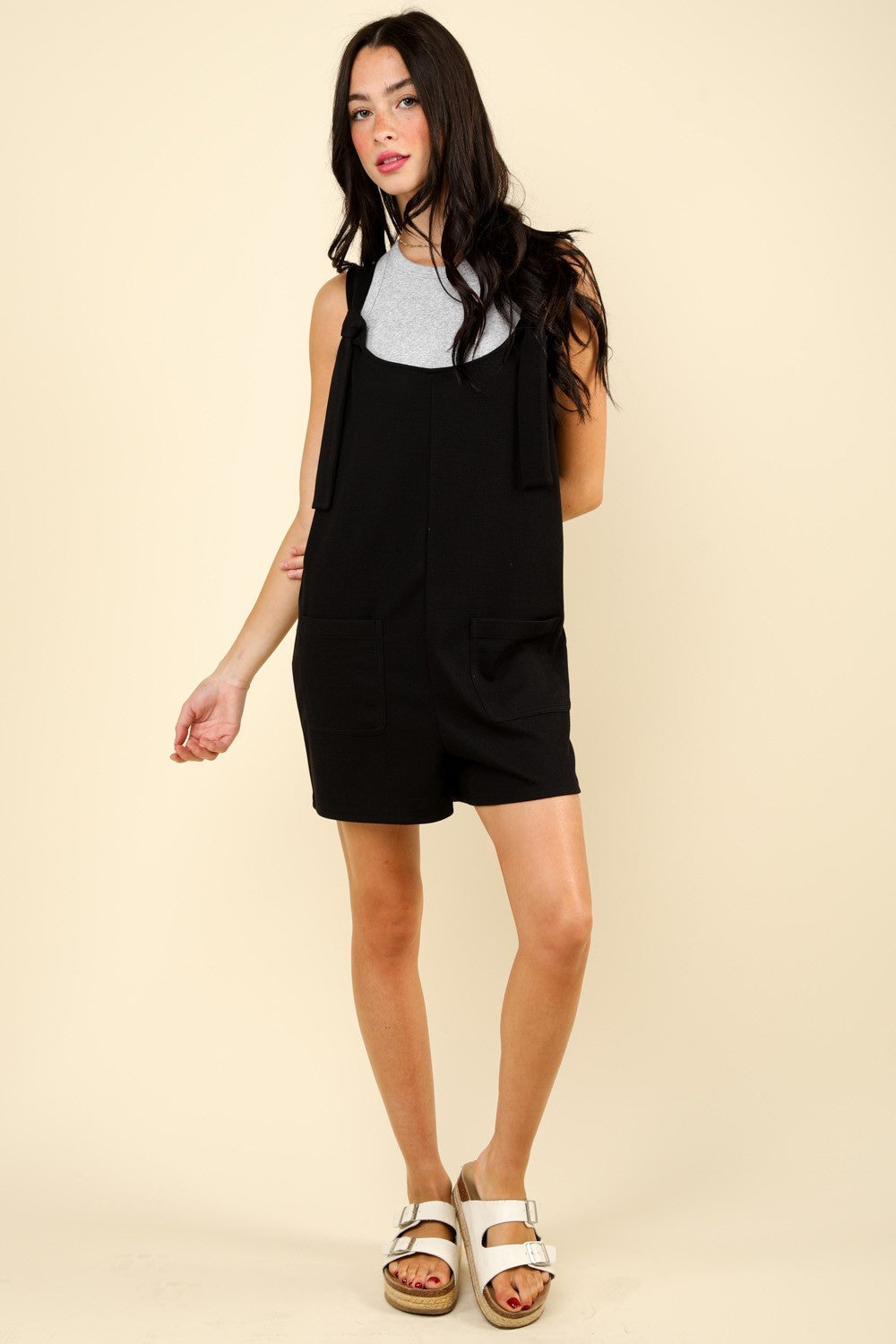 VERY J Tie Shoulder Front Pocket Romper for a perfect OOTD – dress to impress outfits from Amexza