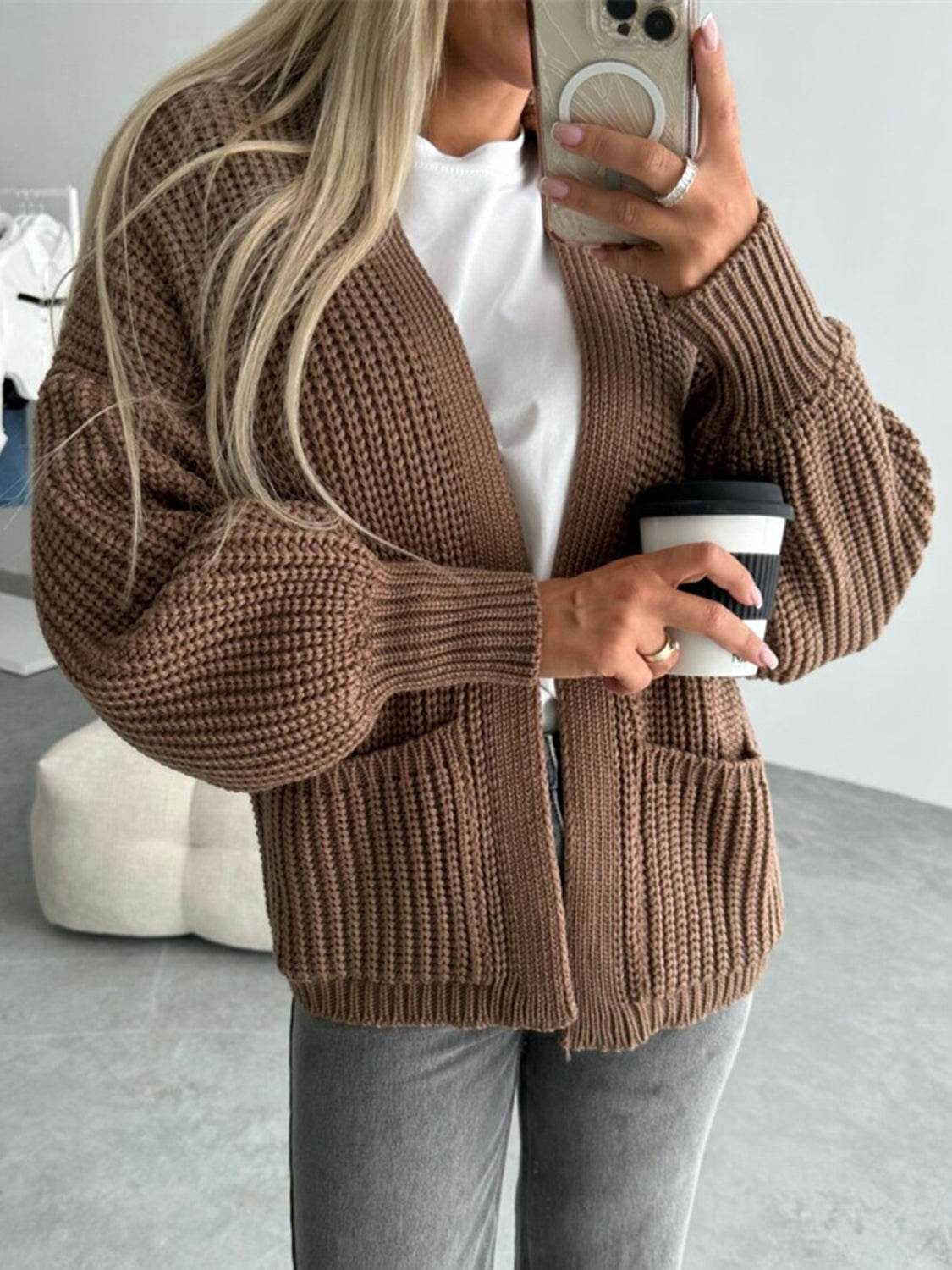 Open Front Dropped Shoulder Cardigan - Amexza