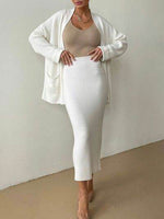 Pocketed Long Sleeve Cardigan and Skirt Sweater Set for a perfect OOTD – dress to impress outfits from Amexza